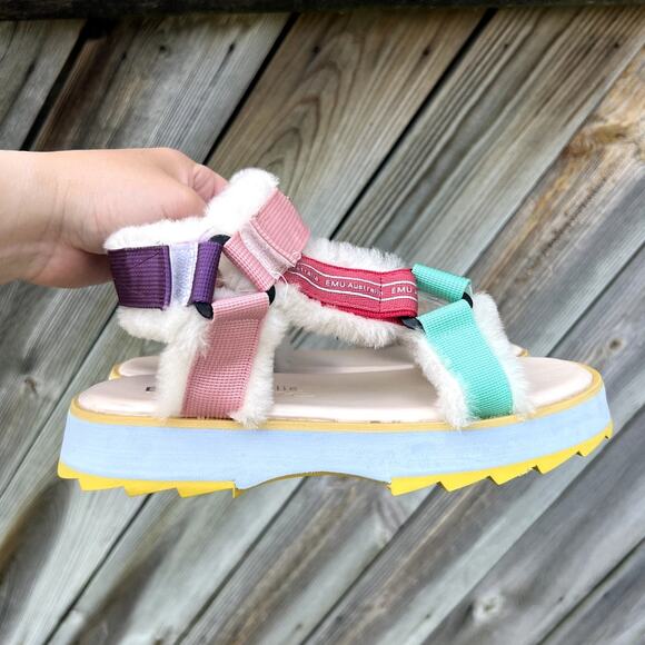 Emu Australia Raven Platform Furry Sandals Women's 6 Pink Teal Purple - Picture 7 of 8